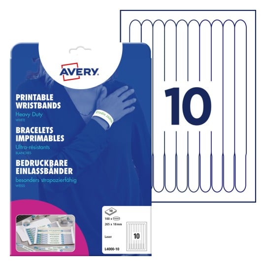 Armband Avery 265x18 Mm Vita Pvc Fria Utskrivbara Armband För Laserskrivare 10 Ark X 10 St.