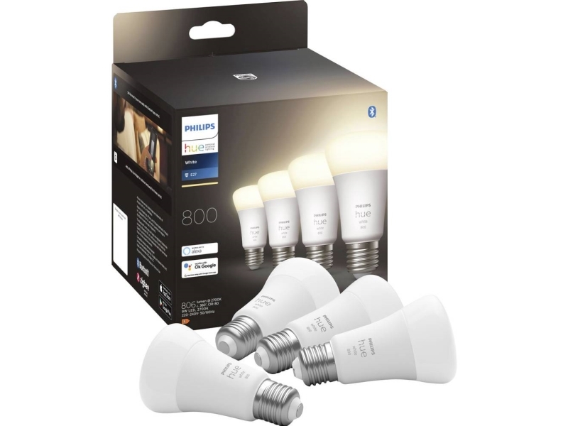 Philips Hue White Led Glödlampa Form: A60 E27 9 W Motsvarande 60 W Klass F Varmt Vitt Ljus 2700 K Paket Om 4
